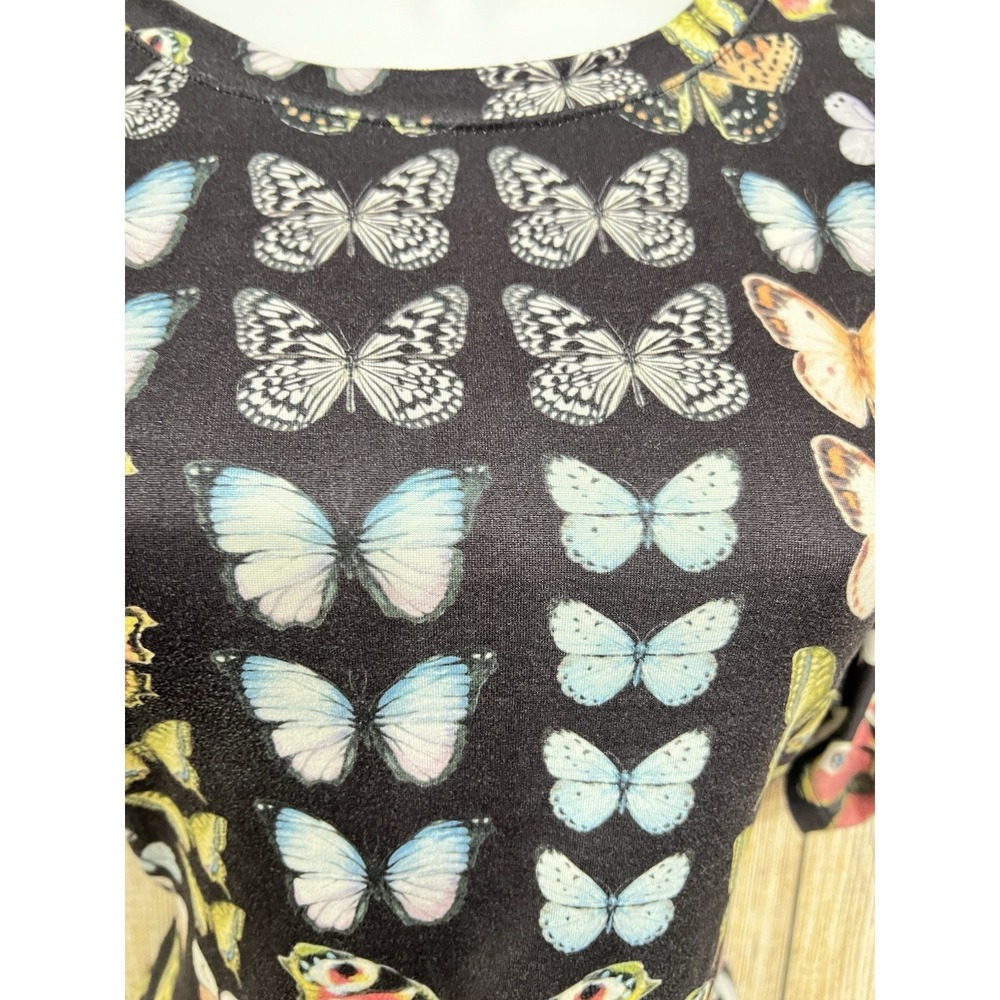 Women Graphic Butterfly Print Top L Puff Sleeve Stretch Y2K Fairy Whimsical Goth - Picture 3 of 8